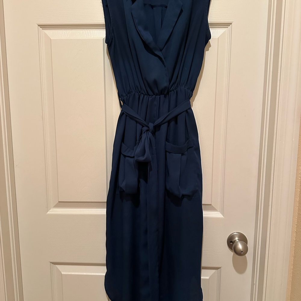 Flowy Navy Sleeveless Shirt Dress